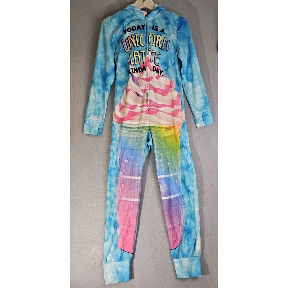 Girls Justice One-piece Rainbow Pajama  Unicorn Latte Size 12 Hooded